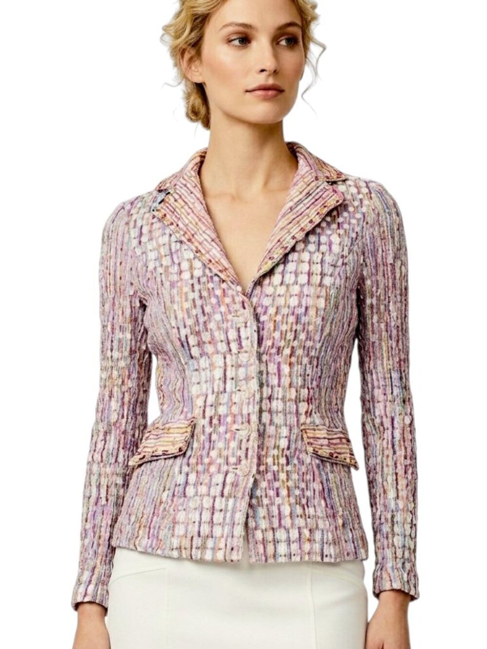 Alberto Makali Pastel Crinkle Metallic Stretch Knit Form Fitting Jacket Blazer S